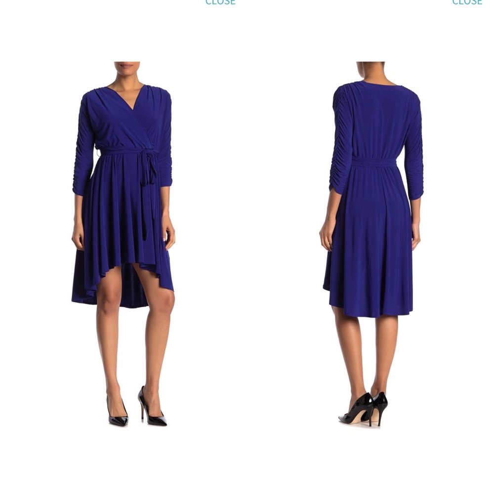 Eliza J Blue Dress Faux Wrap Hi Low Hem.